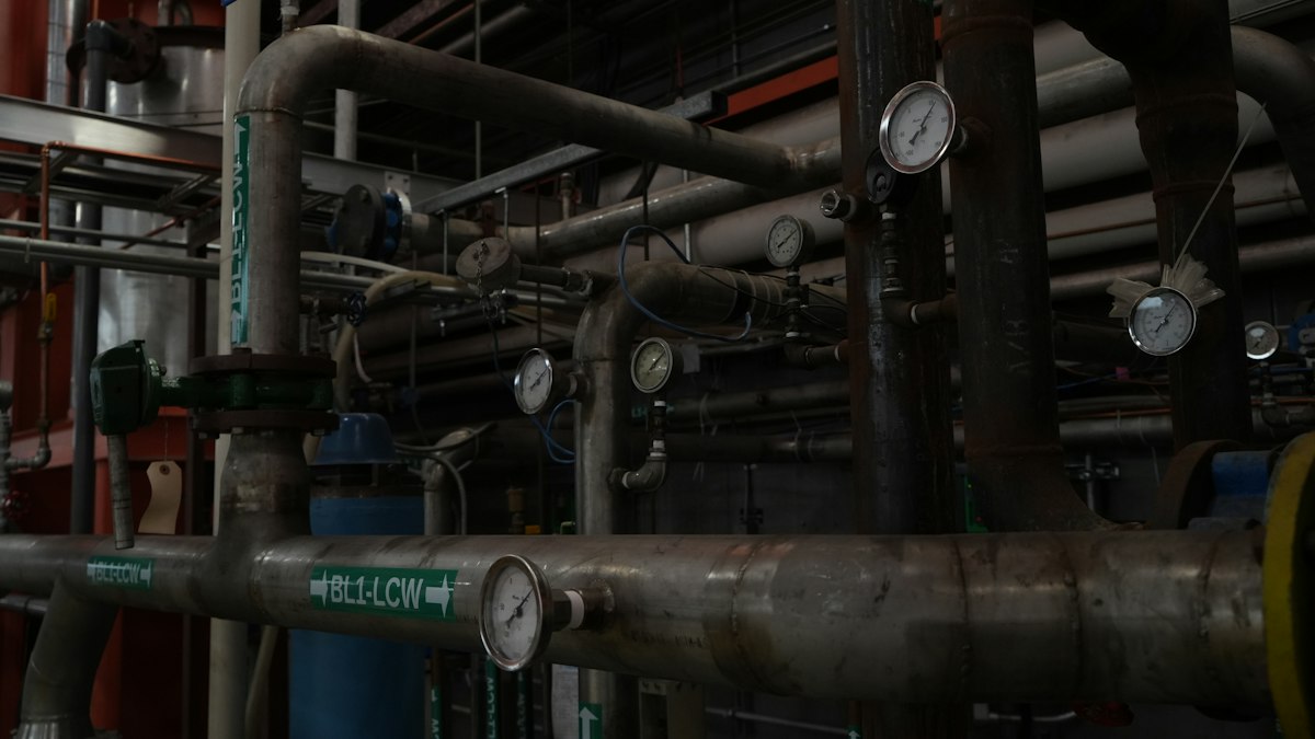 Network of industrial pipes, valves and pressure gauges in a plant