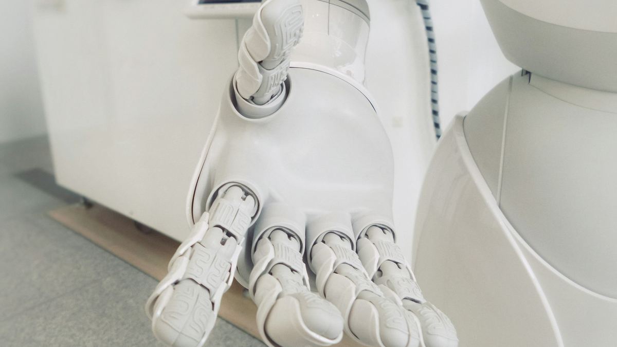 Close-up of an advanced white robotic hand