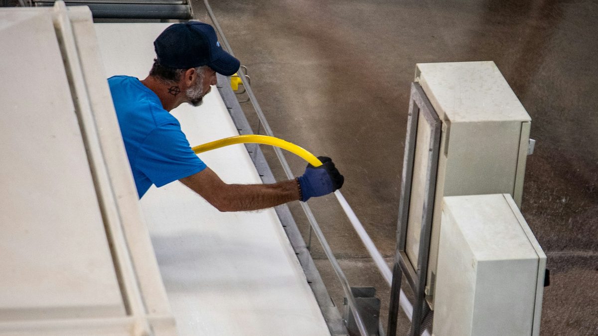 Worker hosing down an industrial conveyor belt during a washdown cleaning cycle